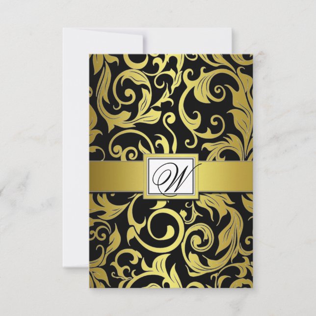 Monogram Guld & Black Damask Wedding OSA kort (Framsida)