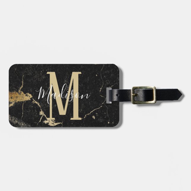 Monogram Guld Black Marble Bagagebricka (Horisontell Framsida)