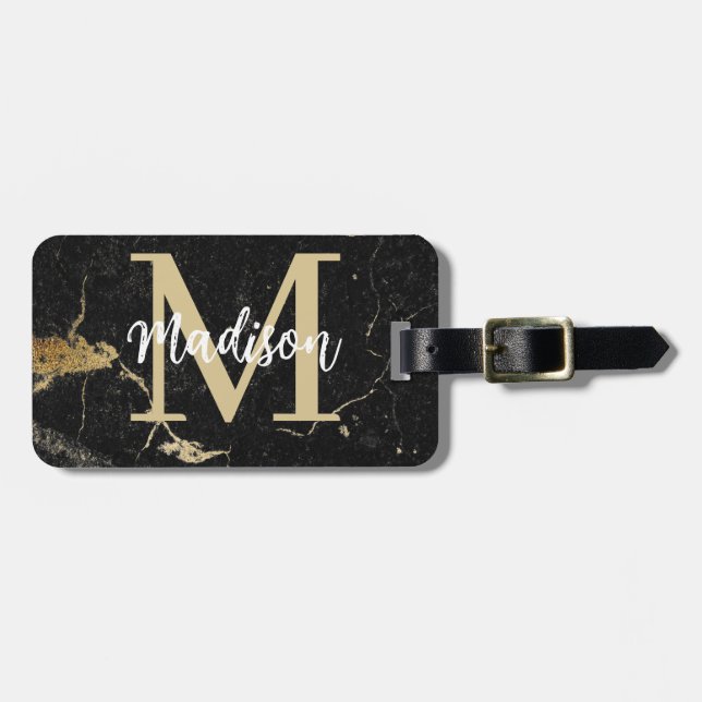 Monogram Guld Black Marble Bagagebricka (Horisontell Framsida)