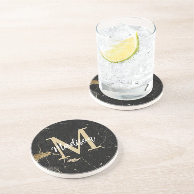 Monogram Guld Black Marble Underlägg (Sidan)
