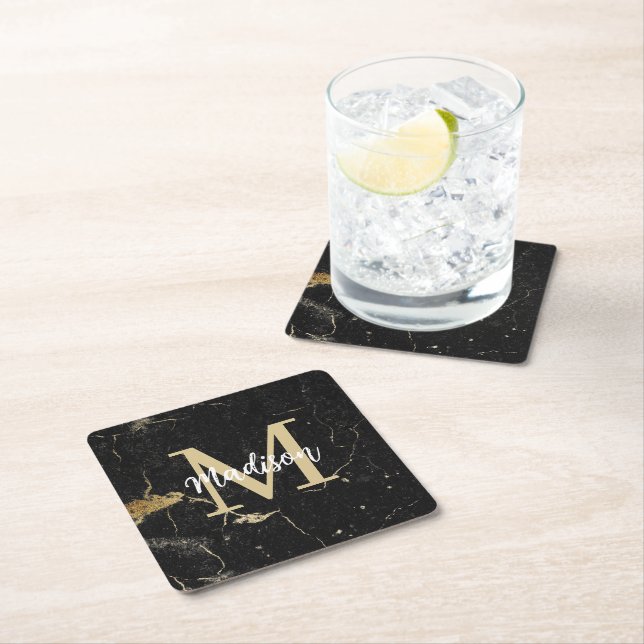 Monogram Guld Black Marble Underlägg Papper Kvadrat (Insitu)