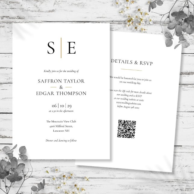 Monogram Guld Black QR-kod Bröllop Inbjudningar (Monogram Gold Black QR Code Wedding Invitation)
