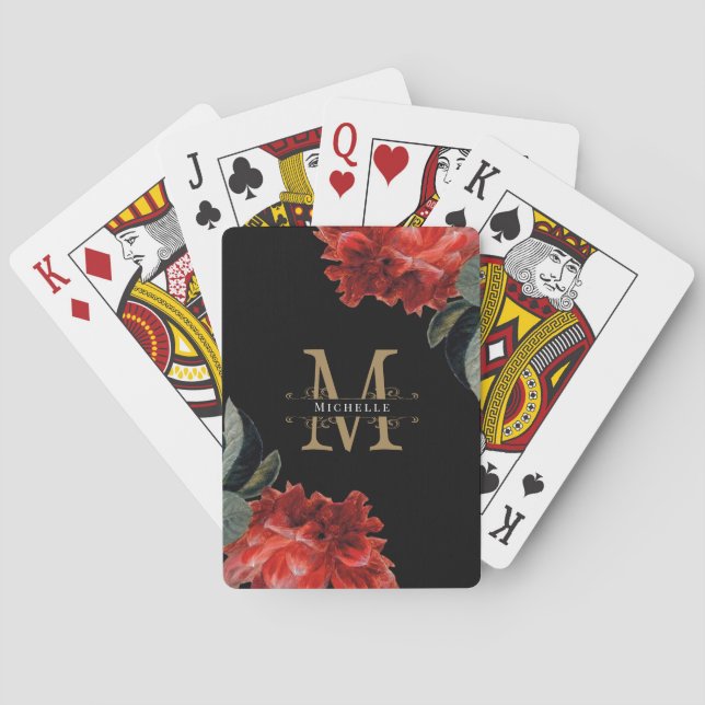 Monogram Guld Black Red Blommigt Elegant Anpassnin Casinokort (Baksidan)