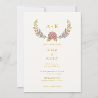 Monogram Guld Blommig Krans Bröllopsinbjudan Inbjudningar