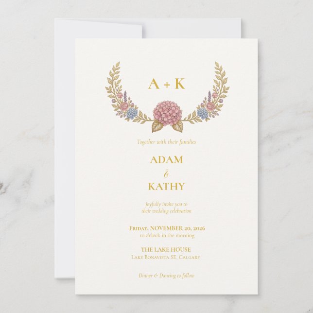 Monogram Guld Blommig Krans Bröllopsinbjudan Inbjudningar (Framsida)