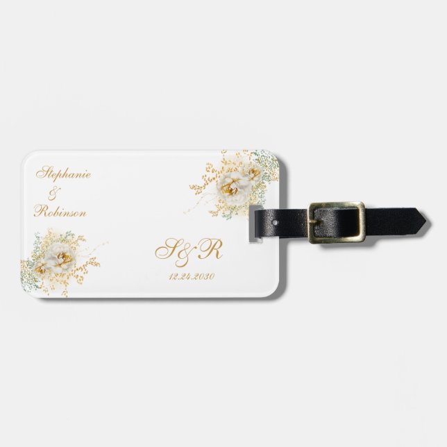 Monogram Guld Blommigt Bröllop Gift Bagagebricka (Horisontell Framsida)