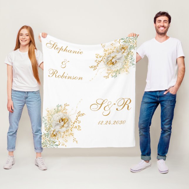 Monogram Guld Blommigt Bröllop Gift Fleecefilt (På plats)