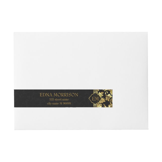 Monogram Guld Blommigt Damask Etikettband (Framsidan)