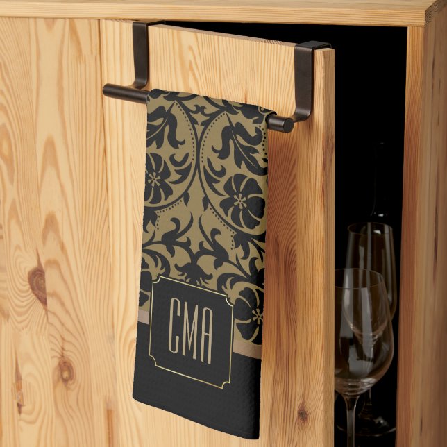 Monogram Guld & Blommigt Damask Pattern Kitchen To Kökshandduk (Thirds Fold)