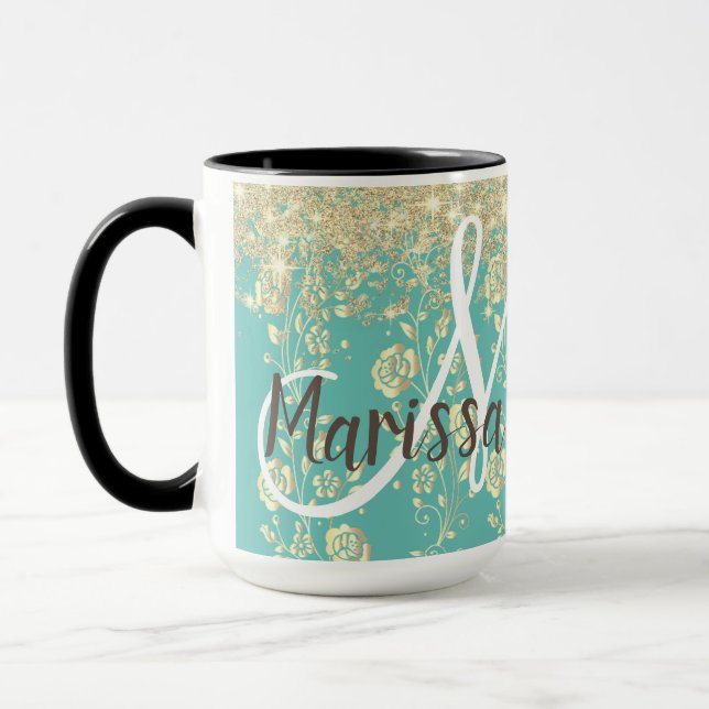 Monogram Guld Blommigt om Grönt Teal Glitter Mugg (Vänster)