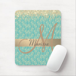 Monogram Guld Blommigt på Grönt Teal Musmatta