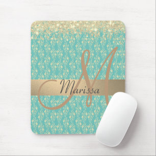 Monogram Guld Blommigt på Grönt Teal Musmatta