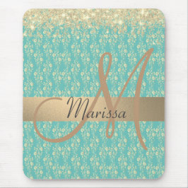 Monogram Guld Blommigt på Grönt Teal          Musmatta