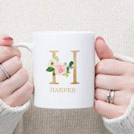 Monogram Guld Bokstav H | Blommig Rosa Vit Grön Kaffemugg