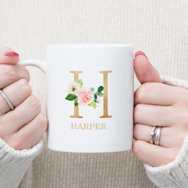 Monogram Guld Bokstav H | Blommig Rosa Vit Grön Kaffemugg (Skapare uppladdad)