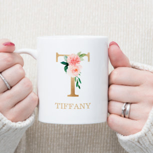 Monogram Guld Bokstav T Blommig Rosa Vit Grön Kaffemugg