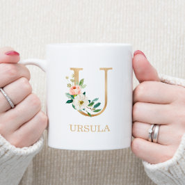 Monogram Guld Bokstav U | Blommig Rosa Vit Grön Kaffemugg