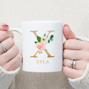 Monogram Guld Bokstav X   Blommig Rosa Vit Grön Kaffemugg