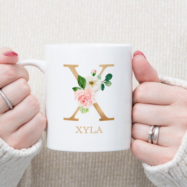 Monogram Guld Bokstav X | Blommig Rosa Vit Grön Kaffemugg (Skapare uppladdad)