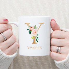 Monogram Guld Bokstav Y | Blommig Rosa Vit Grön Kaffemugg