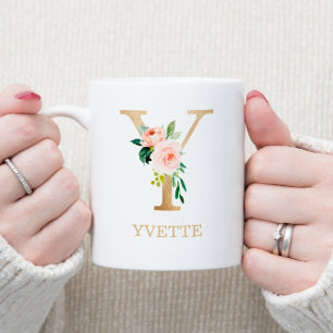 Monogram Guld Bokstav Y Blommig Rosa Vit Grön Kaffemugg