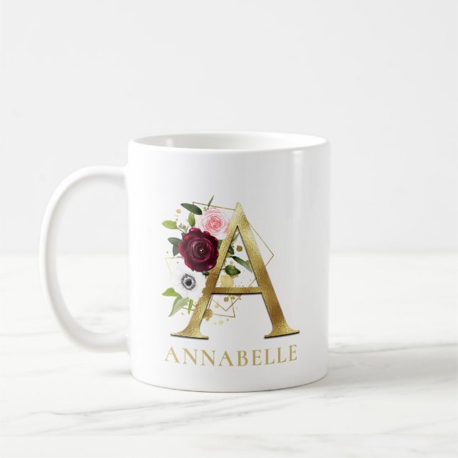 Monogram Guld Brev A | Blommigt Rosa Burgundy Namn Kaffemugg (Vänster)