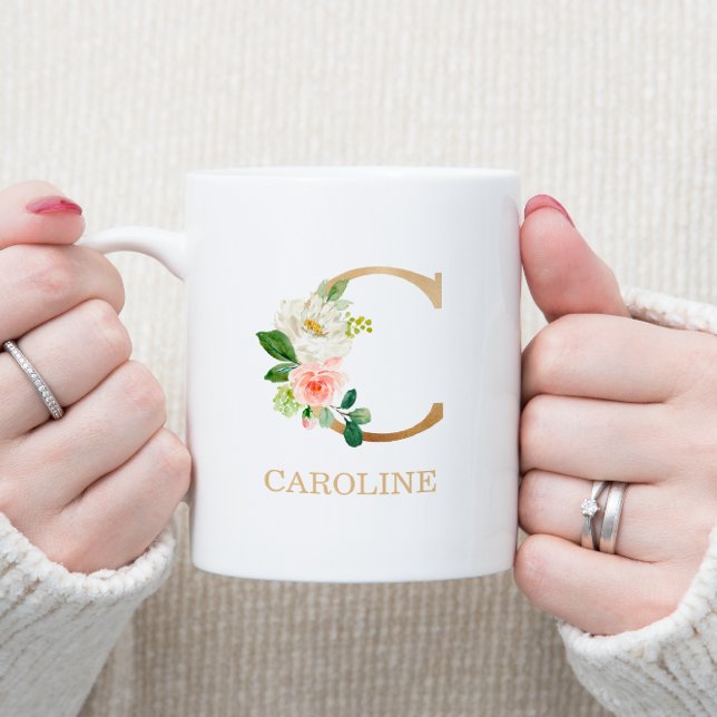 Monogram Guld Brev C | Blommigt Rosa White Grönt Kaffemugg (Skapare uppladdad)