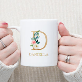 Monogram Guld Brev D | Blommigt Rosa White Grönt Kaffemugg