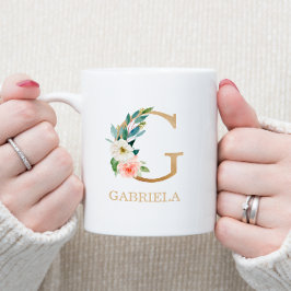 Monogram Guld Brev G | Blommigt Rosa White Grönt Kaffemugg
