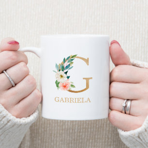 Monogram Guld Brev G   Blommigt Rosa White Grönt Kaffemugg
