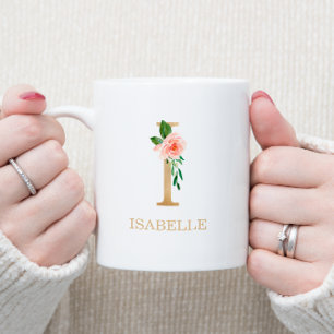Monogram Guld Brev I Blommigt Rosa White Grönt Kaffemugg