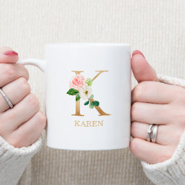 Monogram Guld Brev K | Blommigt Rosa White Grönt Kaffemugg