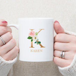 Monogram Guld Brev K   Blommigt Rosa White Grönt Kaffemugg