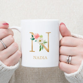 Monogram Guld Brev N | Blommigt Rosa White Grönt Kaffemugg