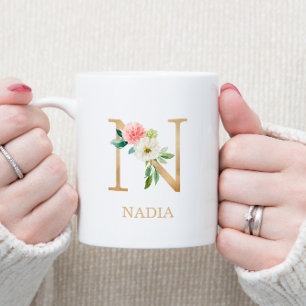 Monogram Guld Brev N   Blommigt Rosa White Grönt Kaffemugg