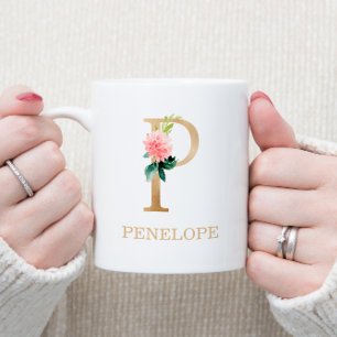 Monogram Guld Brev P Blommigt Rosa White Grönt Kaffemugg