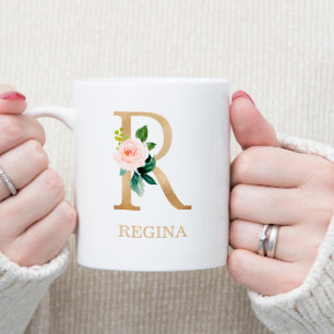 Monogram Guld Brev R   Blommigt Rosa White Grönt Kaffemugg