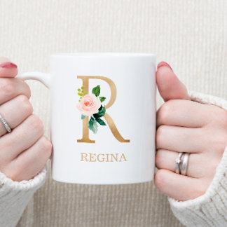 Monogram Guld Brev R | Blommigt Rosa White Grönt Kaffemugg