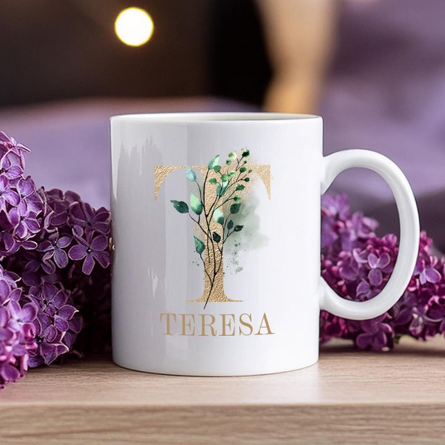 Monogram Guld Brev T Watercolor Blommigt Kaffemugg (Skapare uppladdad)