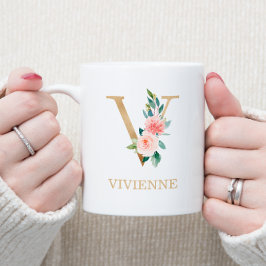 Monogram Guld Brev V | Blommigt Rosa White Grönt Kaffemugg