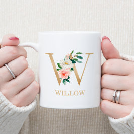 Monogram Guld Brev W | Blommigt Rosa White Grönt Kaffemugg