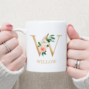 Monogram Guld Brev W Blommigt Rosa White Grönt Kaffemugg