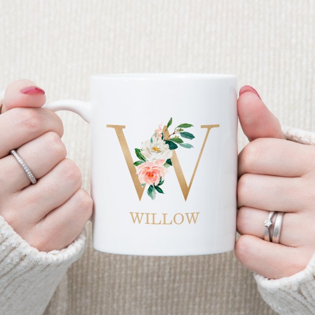 Monogram Guld Brev W | Blommigt Rosa White Grönt Kaffemugg (Skapare uppladdad)