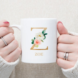 Monogram Guld Brev Z | Blommigt Rosa White Grönt Kaffemugg