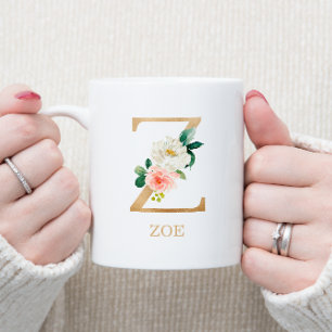 Monogram Guld Brev Z   Blommigt Rosa White Grönt Kaffemugg
