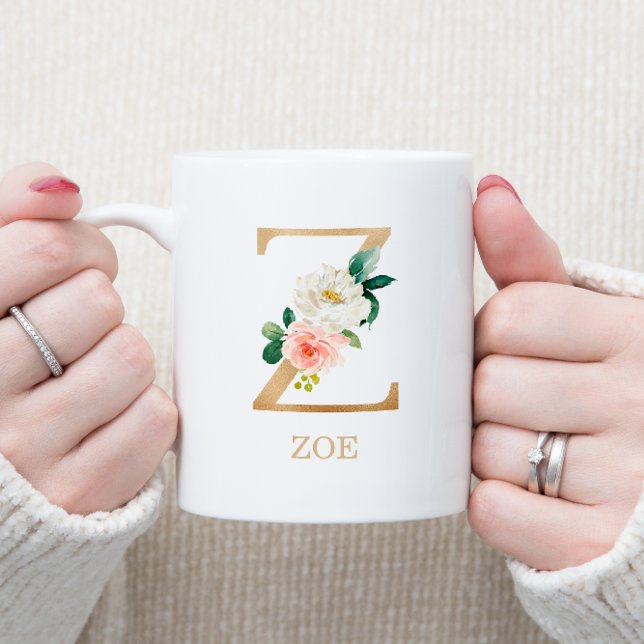 Monogram Guld Brev Z | Blommigt Rosa White Grönt Kaffemugg (Skapare uppladdad)