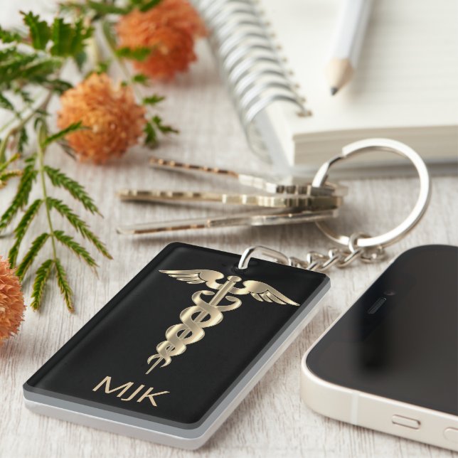 Monogram Guld Caduceus Keychain (Högra Framsidan)