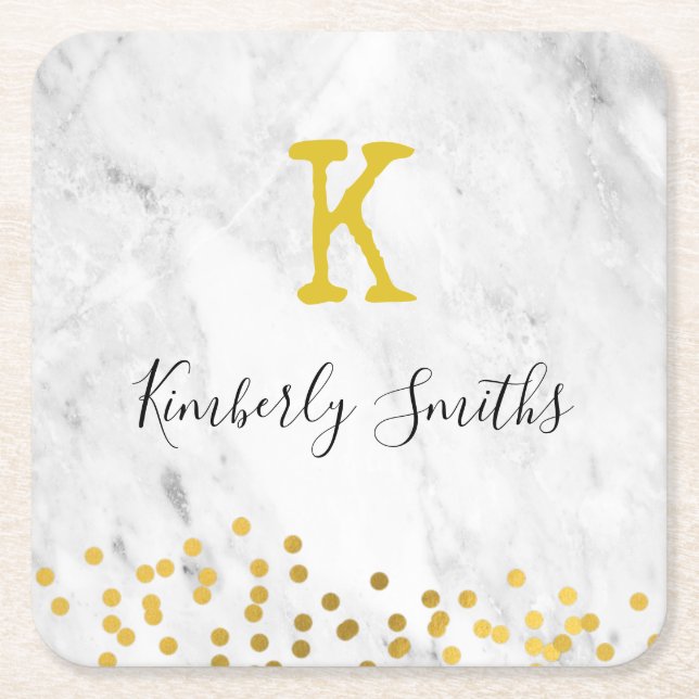 Monogram Guld dots på Marble Underlägg Papper Kvadrat (Framsidan)