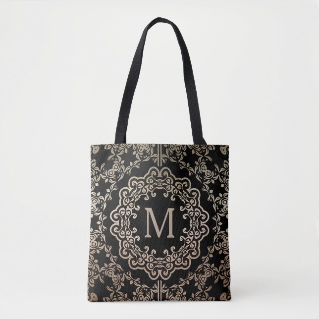 Monogram Guld Filigree Motif Tote Bag Tygkasse (Framsida)