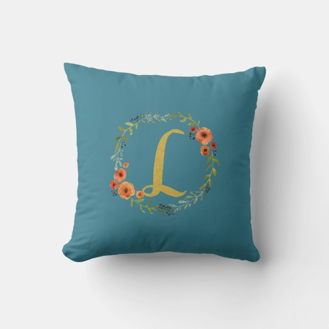 Monogram Guld, första L Cushion Teal Kudde (Framsida)
